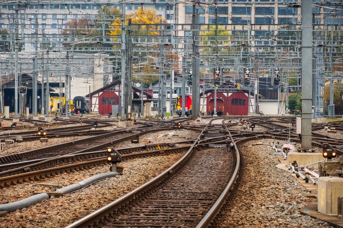 Railway tracks and signals in an urban setting
